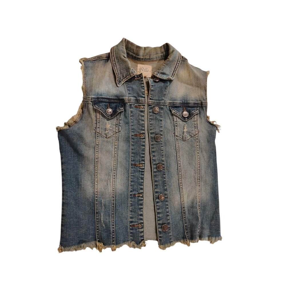 Cello Denim Vest Distressed Medium M Distressed Raw Edge Armholes Button Front